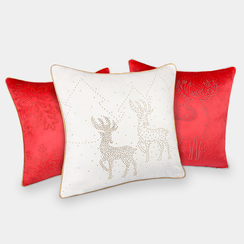 Housse de coussin 'Renne' rouge strass argent