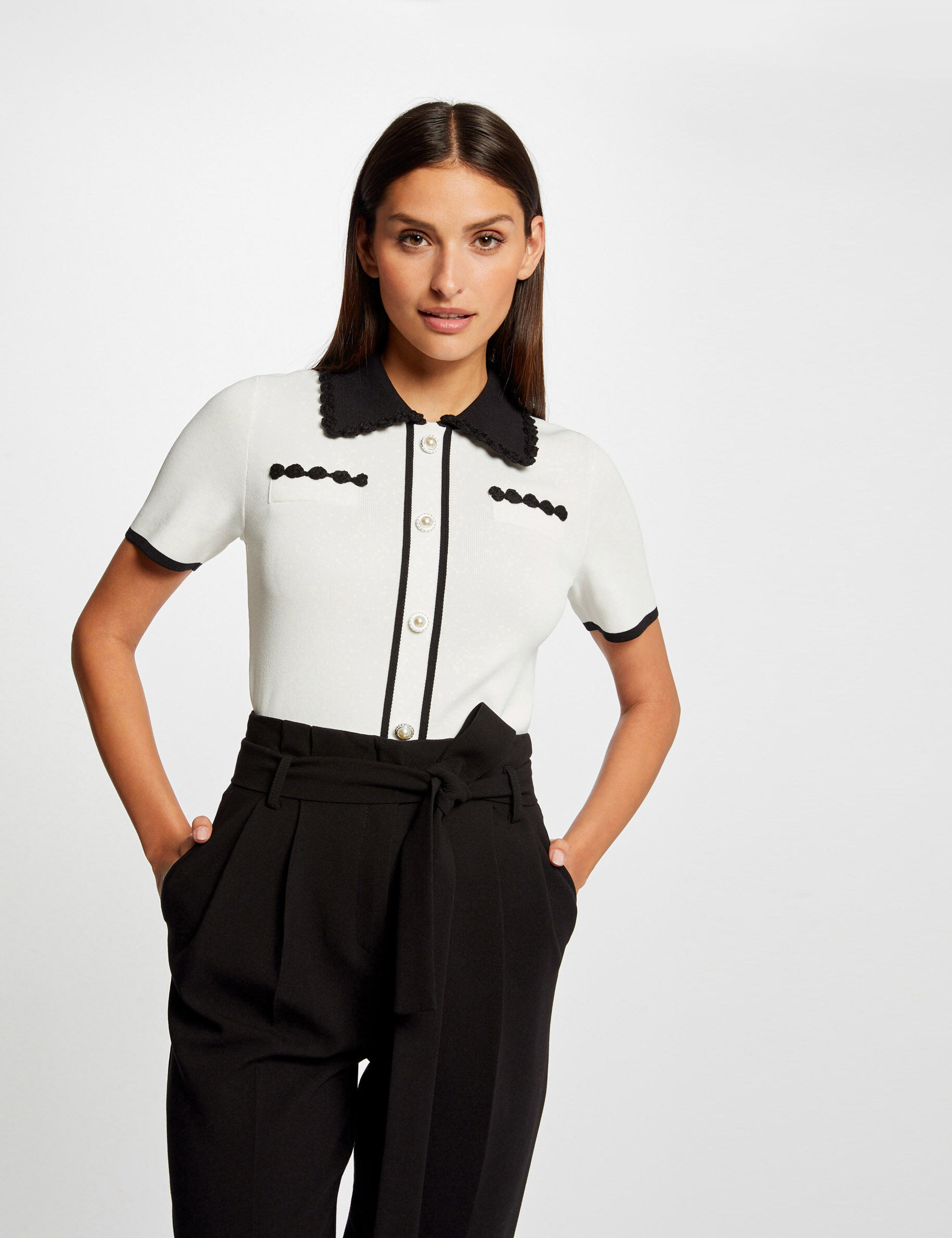 Pull manches courtes avec boutons ecru femme - ecru