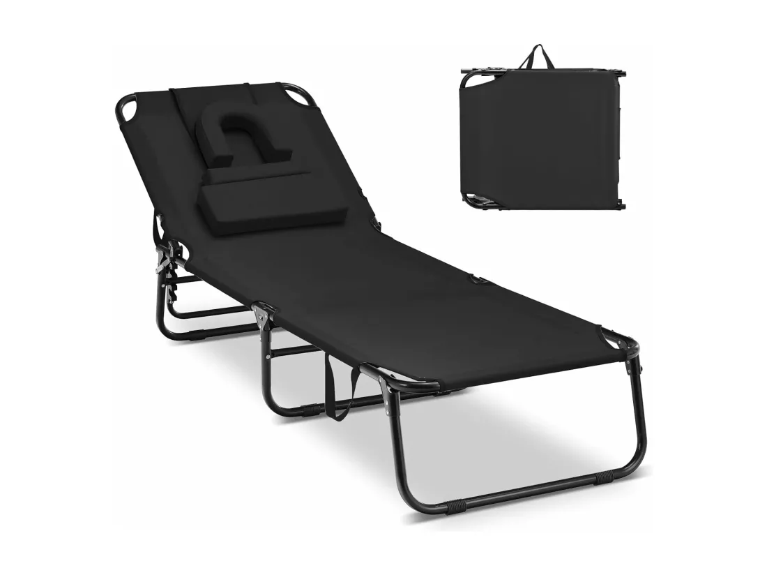 Chaise Longue Pliante Réglable à 5 Positions avec Trou pour Visage, Bain de Soleil en Tissu et velours Oxford avec 3 Coussins Amovibles, Charge 160 KG, pour Piscine Plage, Cour, CamBoisg(Noir)