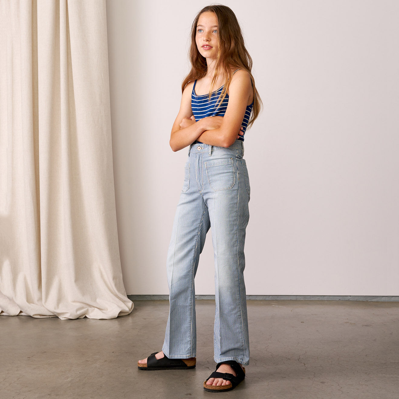 Bellerose Jean Pepy en Coton stretch jambes larges rayé bleu denim