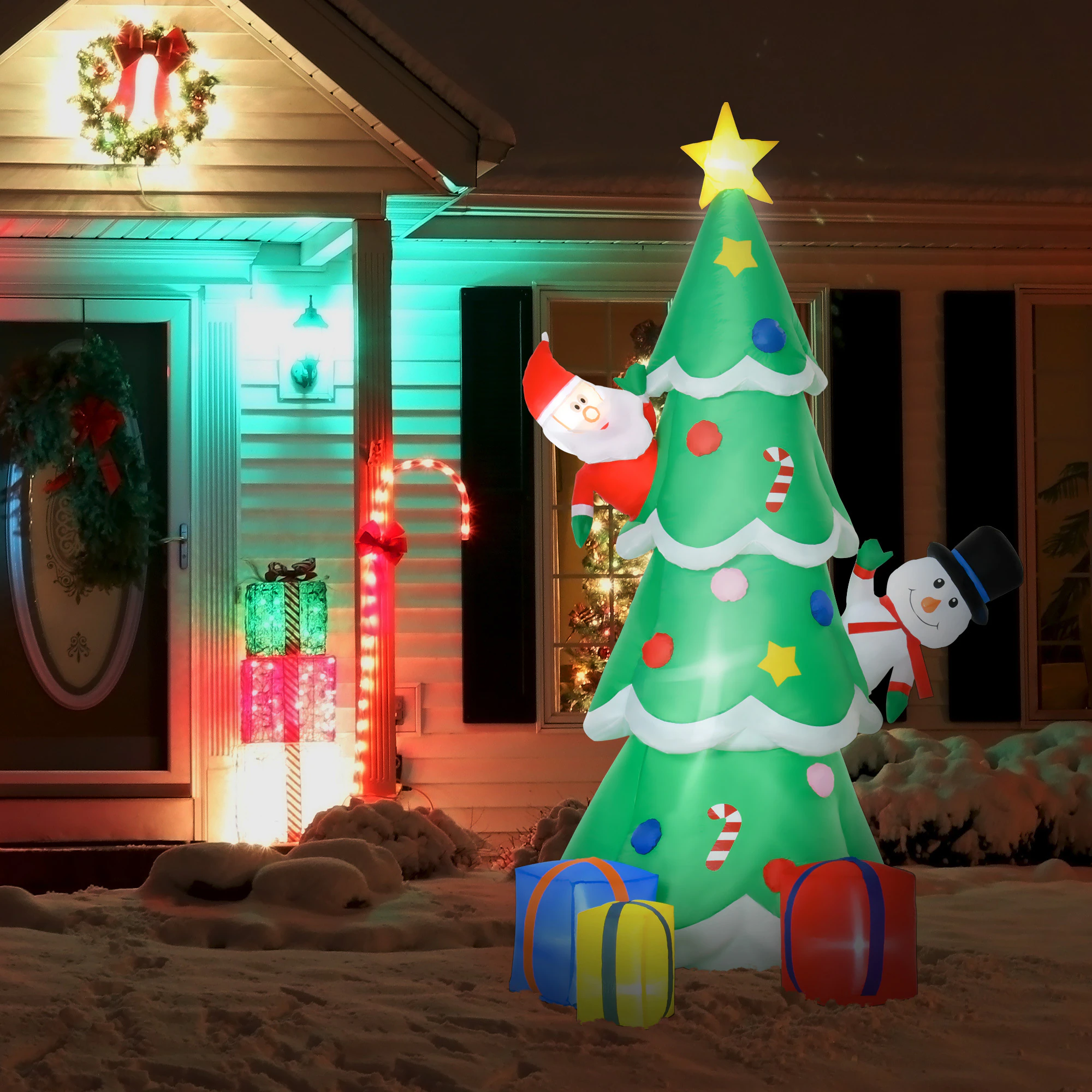 HOMCOM Aufblasbarer Tannanbaum mit Schneemann, Weihnachtsmann und Geschenken Grün 144 x 125 x 210 cm (BxTxH)