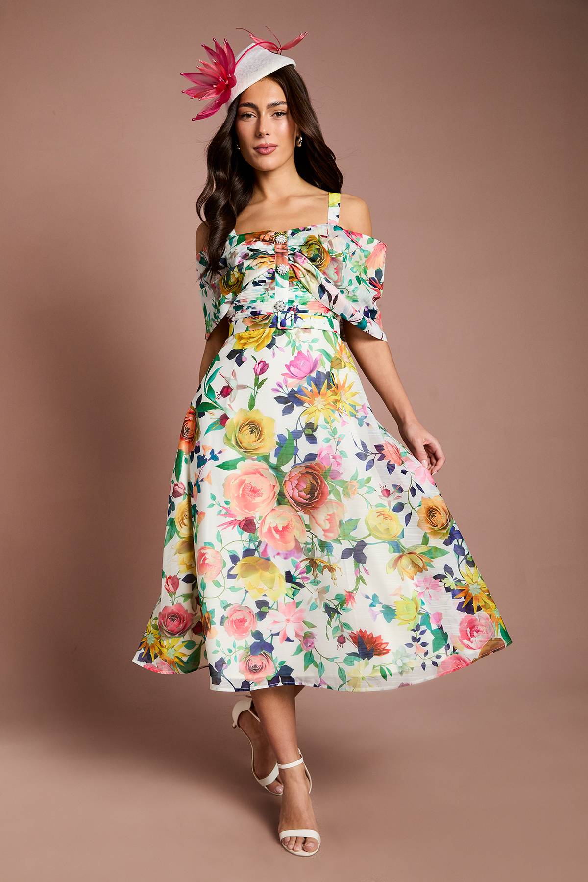 Coast Robe Midi Lisa Tan À Jupe Ample Et Col Bardot