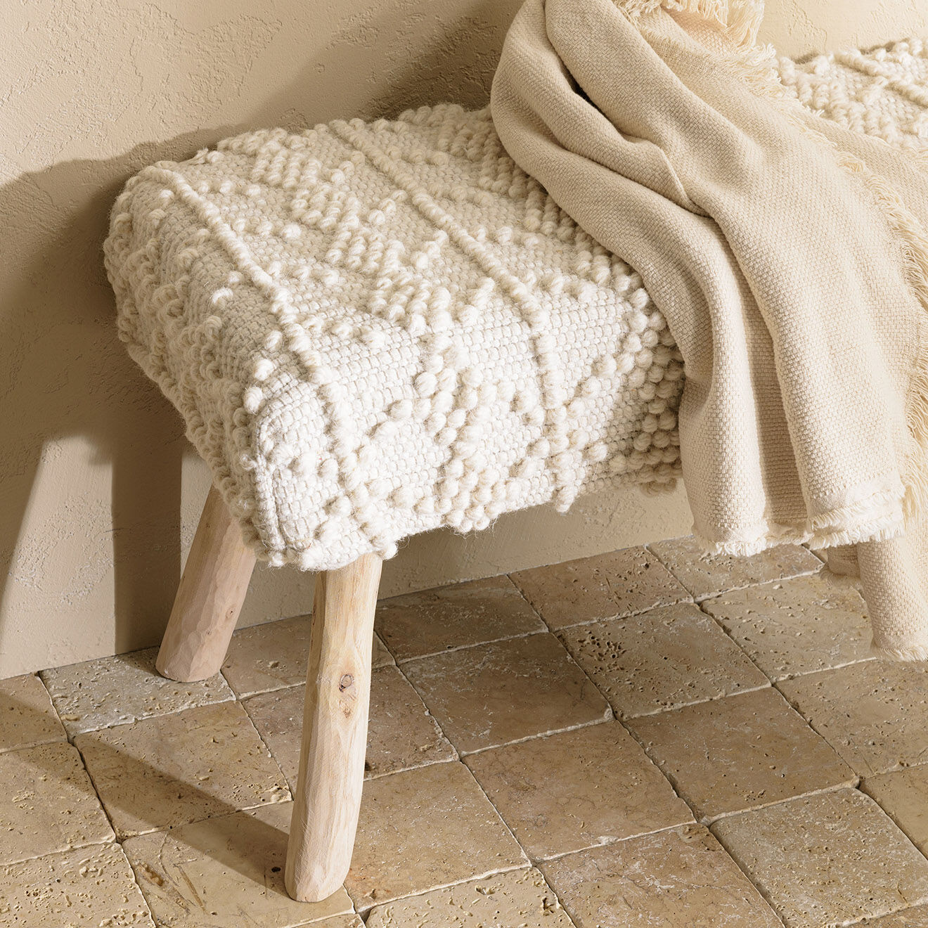 Macabane Banc en Laine motifs losanges Sacha ivoire - 125x42x51 cm