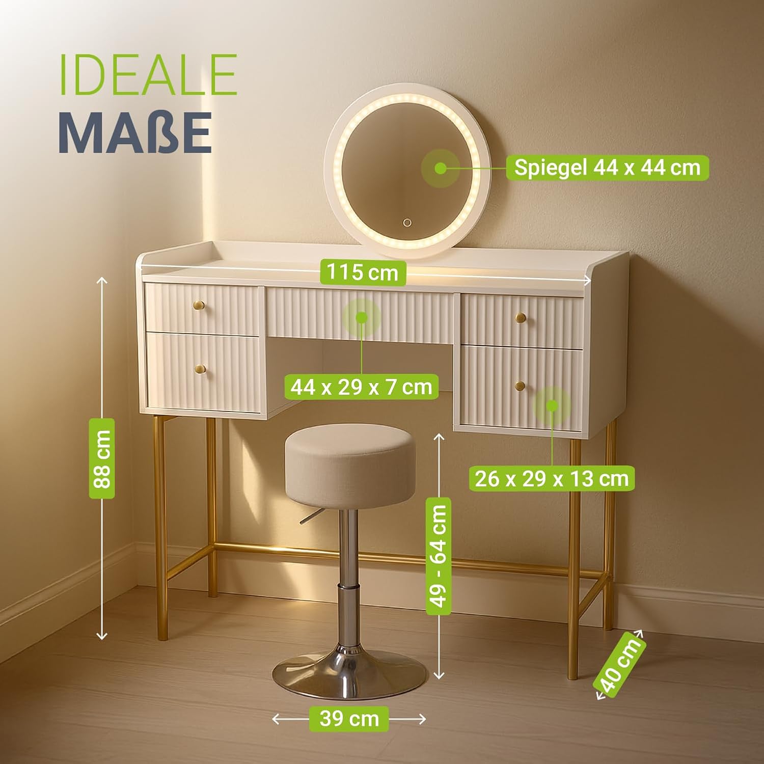 Juskys Schminktisch Samira mit Hocker Tonia & Touch-LED-Spiegel, 5 Schubladen, viel Stauraum, modernes Design, kompakt & pflegeleicht für Make-up – Weiß/Gold