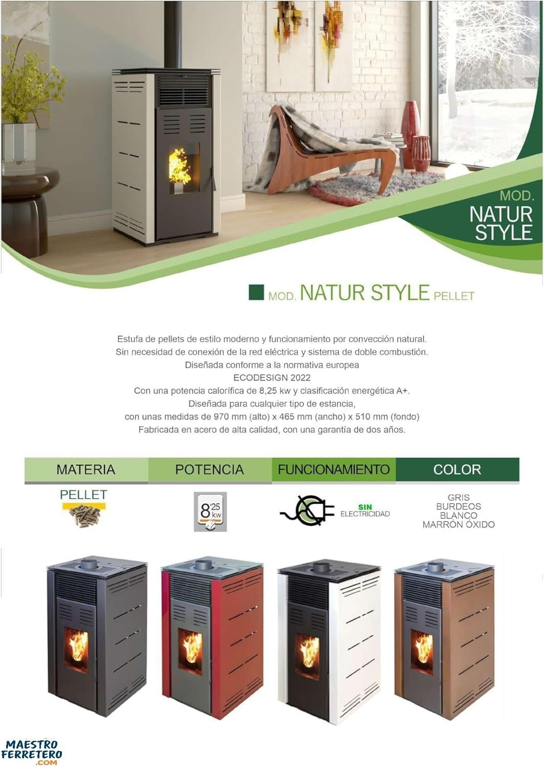 JOIMA - Pelletofen ohne Strom Natur Style Modell 8 kW (Braun)