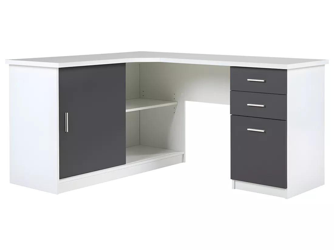 Bureau d'angle NORWY - 2 portes & 2 tiroirs - Blanc & Gris