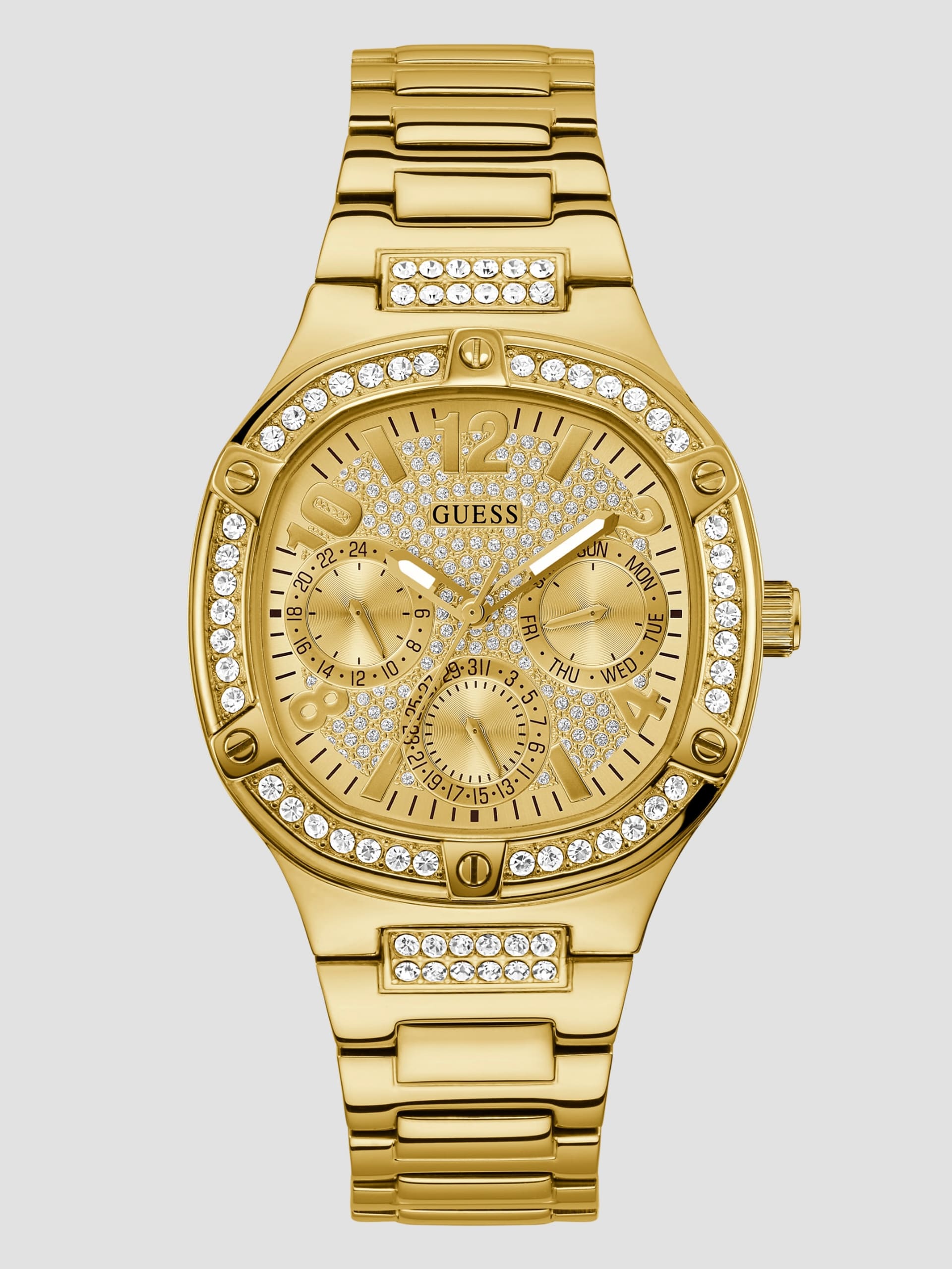 Relógio multifuncional dourado com cristais
