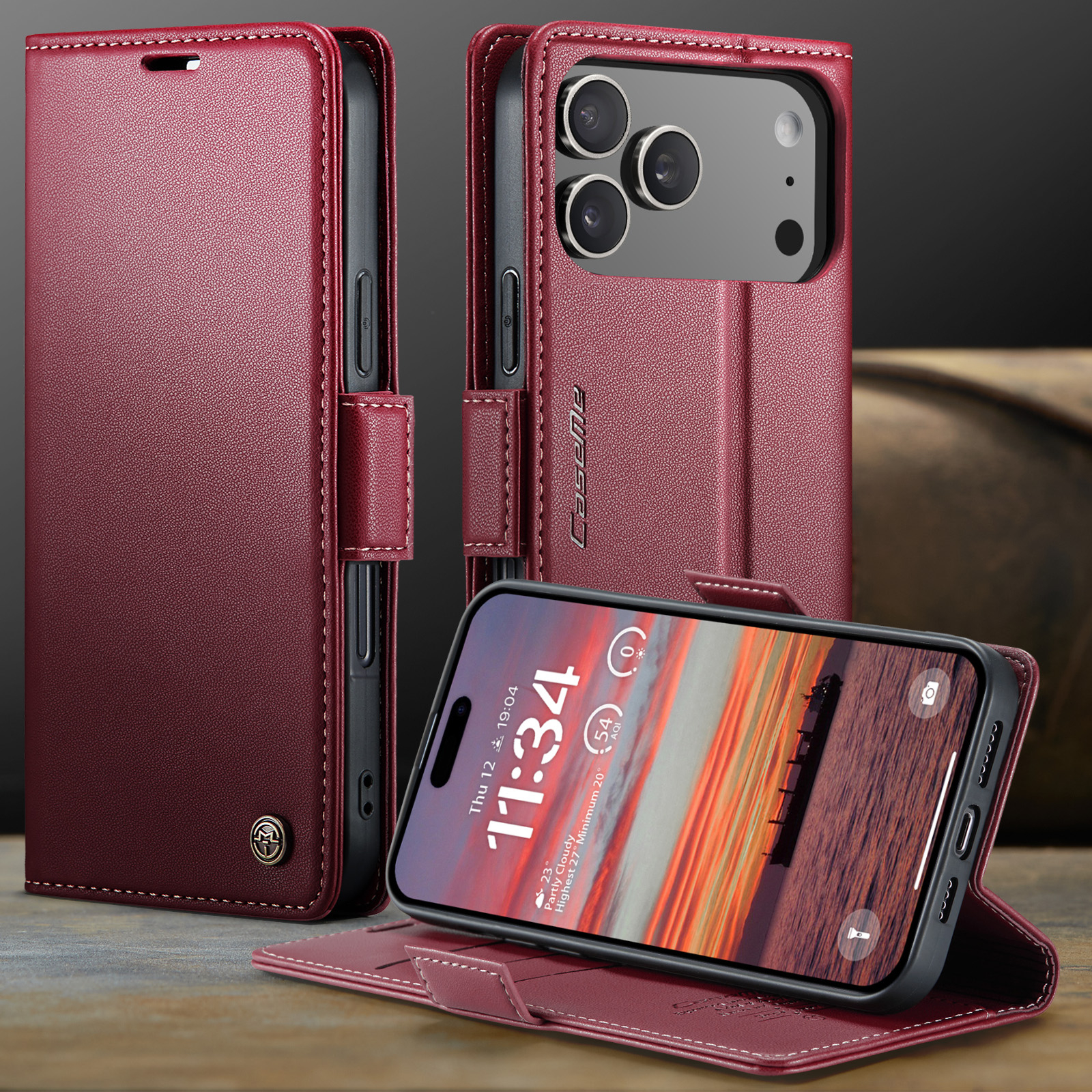 iPhone 17 Pro Max Leder Tasche Flip Wallet Etui mit Kartenfächern Litchi Look (RFID Schutz) - Rot