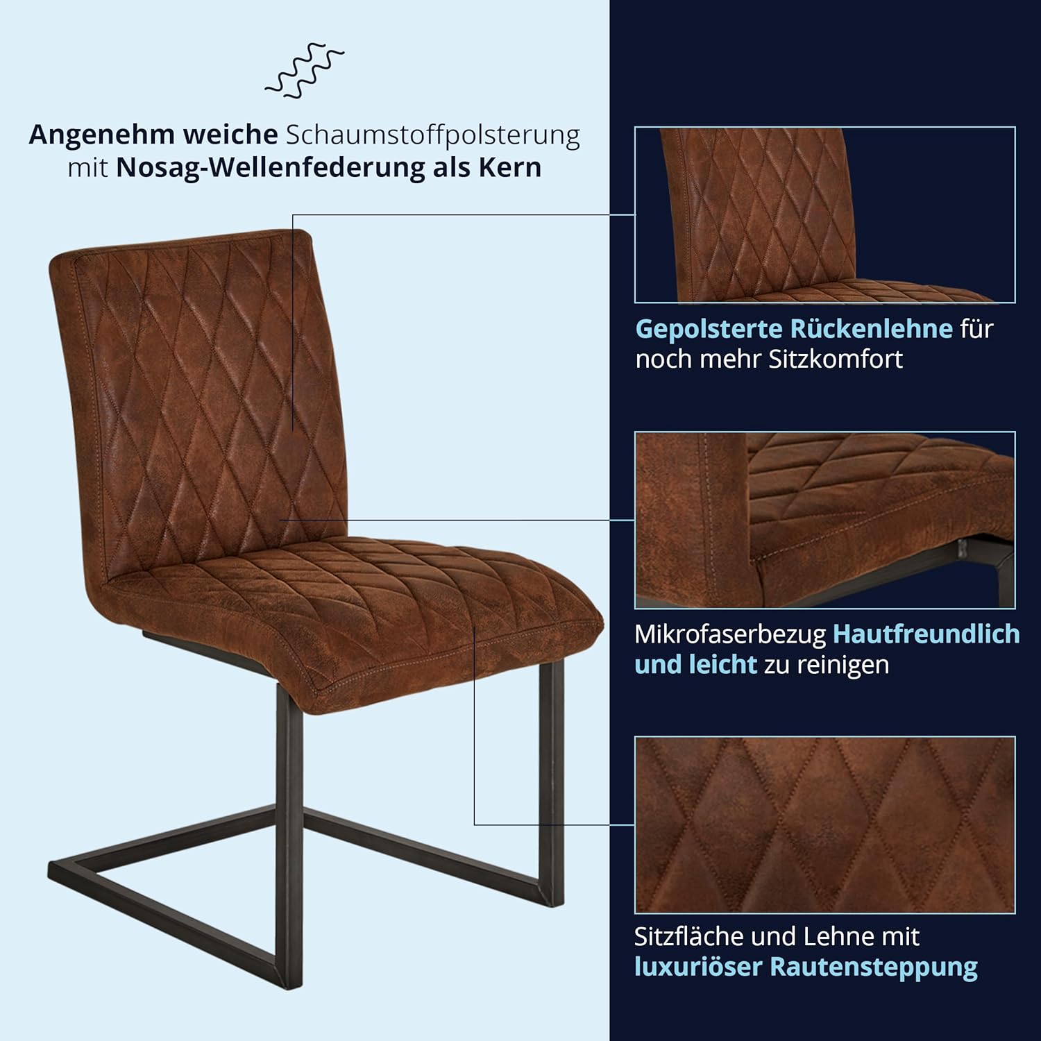 KHG Esszimmerstuhl Bezug aus Mikrofaser braun - Freischwinger in Wildleder Optik bis 110 kg - Küchenstuhl, Schwingstuhl, Polsterstuhl mit Schaumstofffüllung