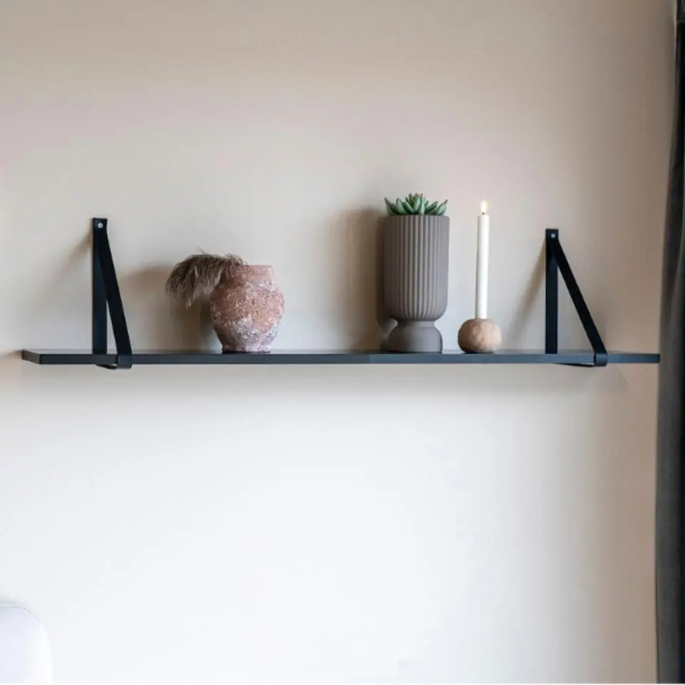 Zwarte wandplank met leren riemen - 120x20 cm