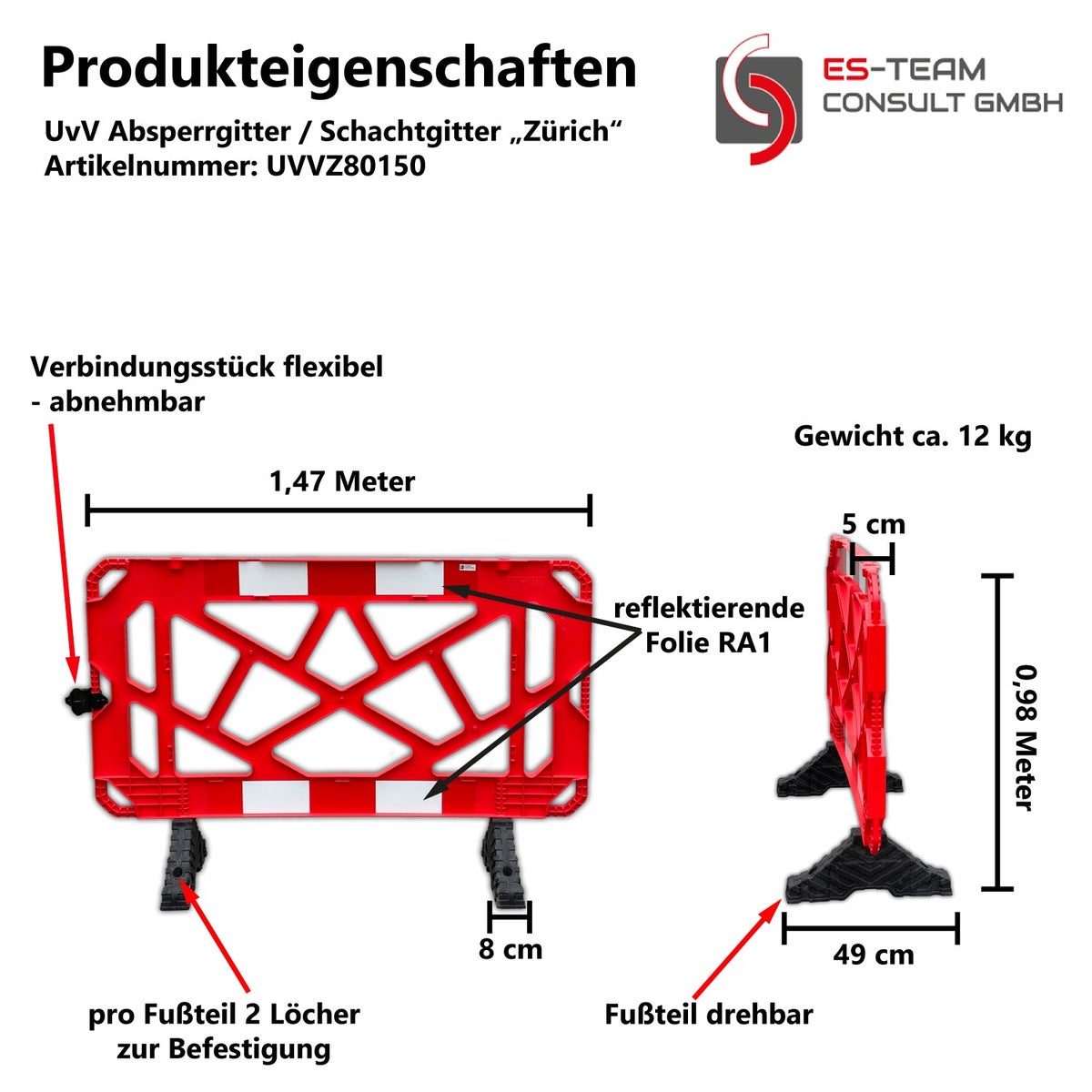 Slagboom, mangatafsluiting rood met reflecterende folie 1500x1000mm PVC draaivoeten / 4 stuks / wit gaas