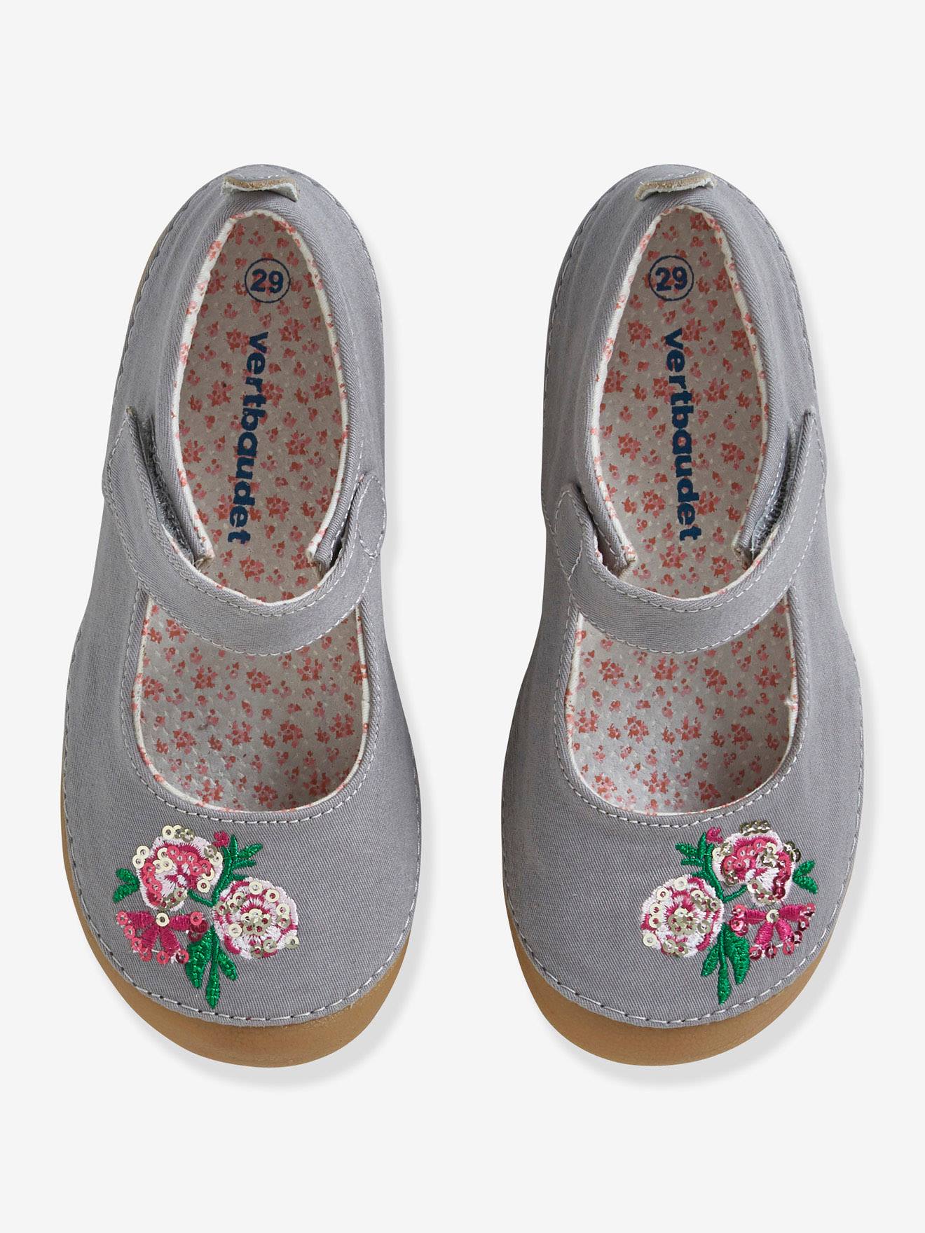 Pantufas de lona com tira autoadesiva, cinza médio, lisas com estampas, para meninas.