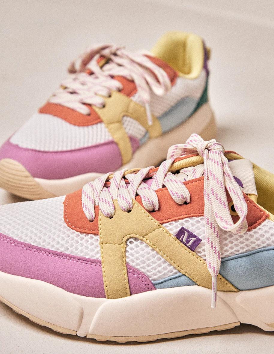 Baskets basses Lison - Suède vegan et mesh rose blanc citron