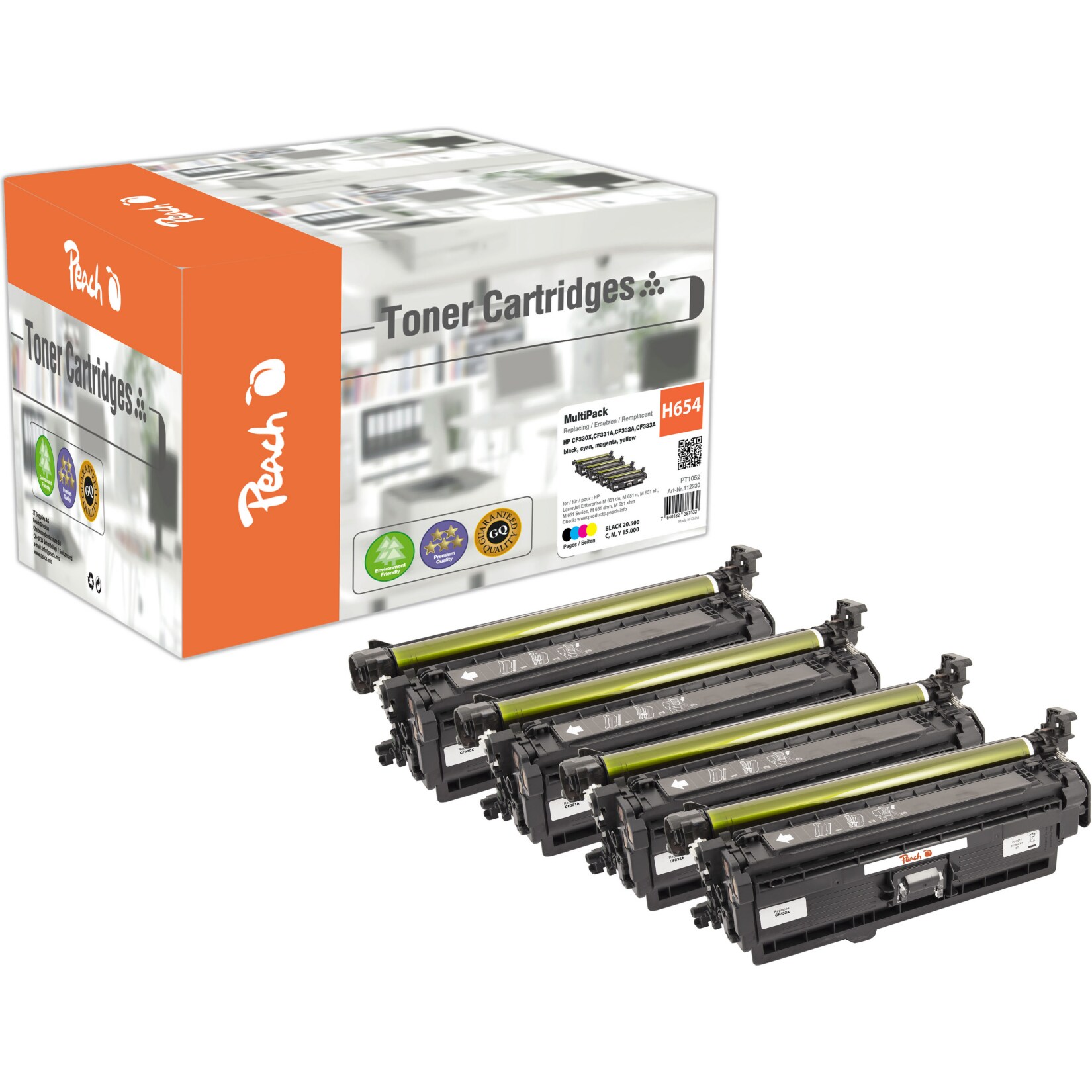 Peach HP 654 X 4 Toner (bk, c/m/y) ersetzt HP No. 654X, CF330X, CF331A, CF332A, CF333A für z.B. HP Color LaserJet Enterprise M 651 dn (wiederaufbereitet)