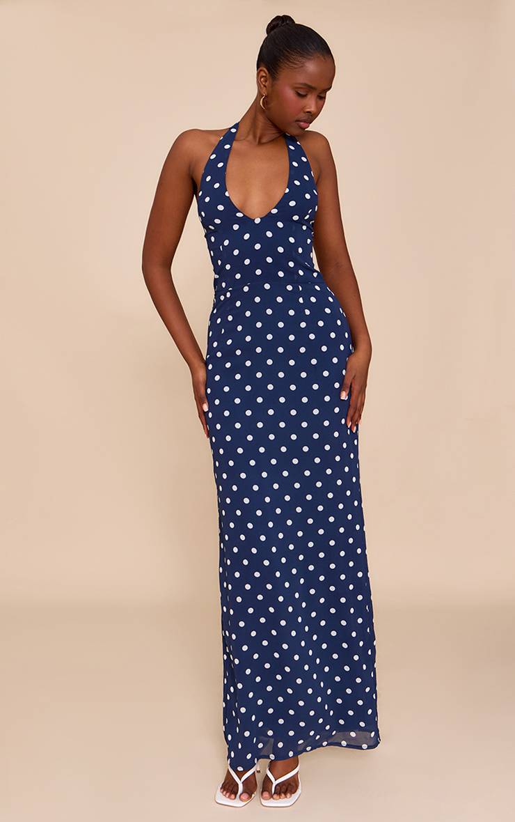 Navy And White Robe Longue En Mousseline À Pois Avec Décolleté Plongeant