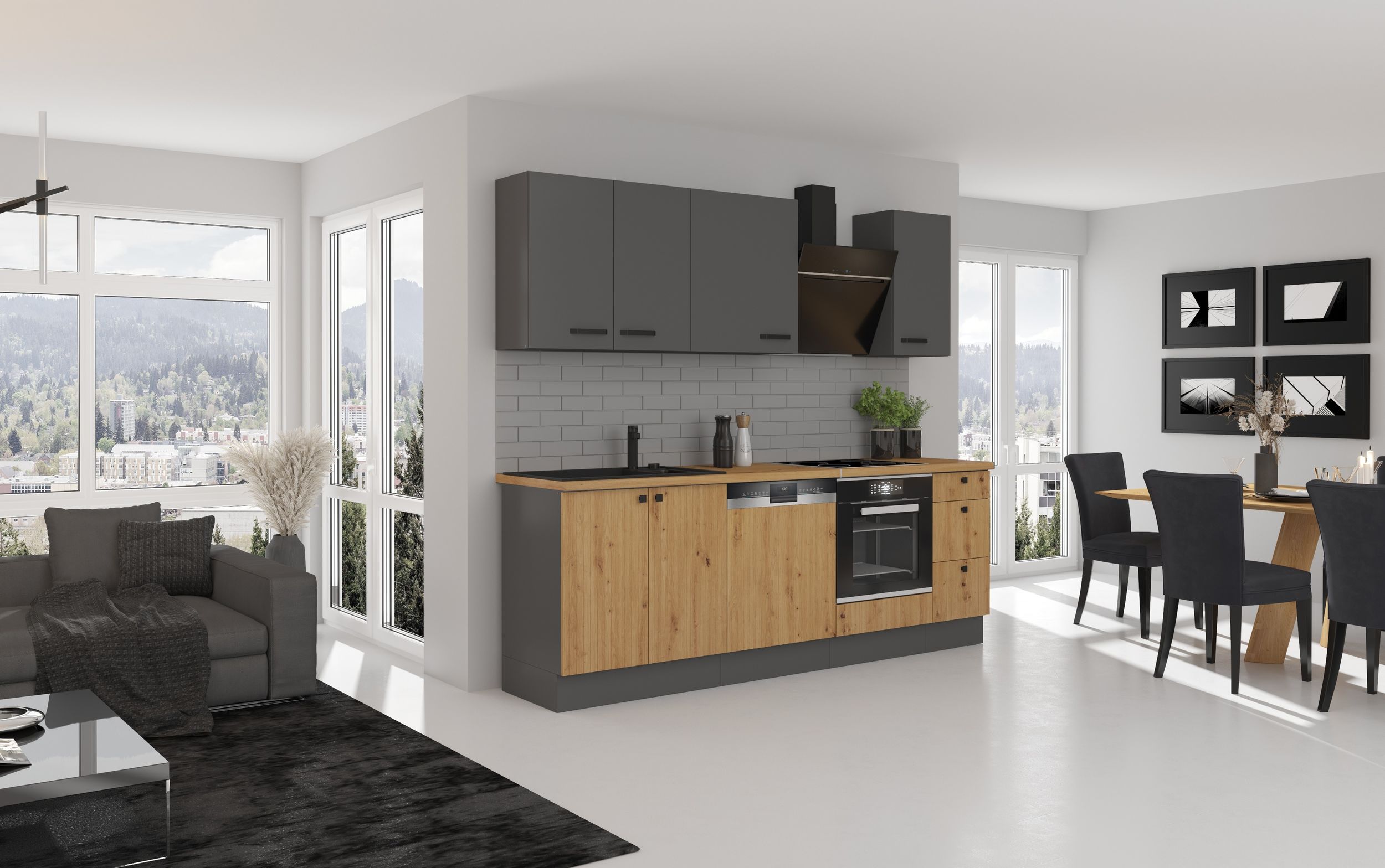 Küche AVA & NESSA Basic 240 cm Anthrazit Eiche Artisan Küchenzeile Küchenblock