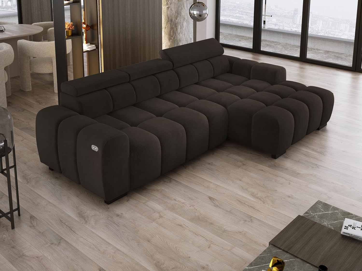 Ecksofa OMBO 285x168x77/97 cm, Rechte Seite Mit Schlaffunktion, Elektrisch Ausziehbarer Sitzfläche, Verstellbaren Kopfstützen, Dunklen Buchenholzfüßen, Hydrophobem SALVADOR-Bezugstoff - Grau