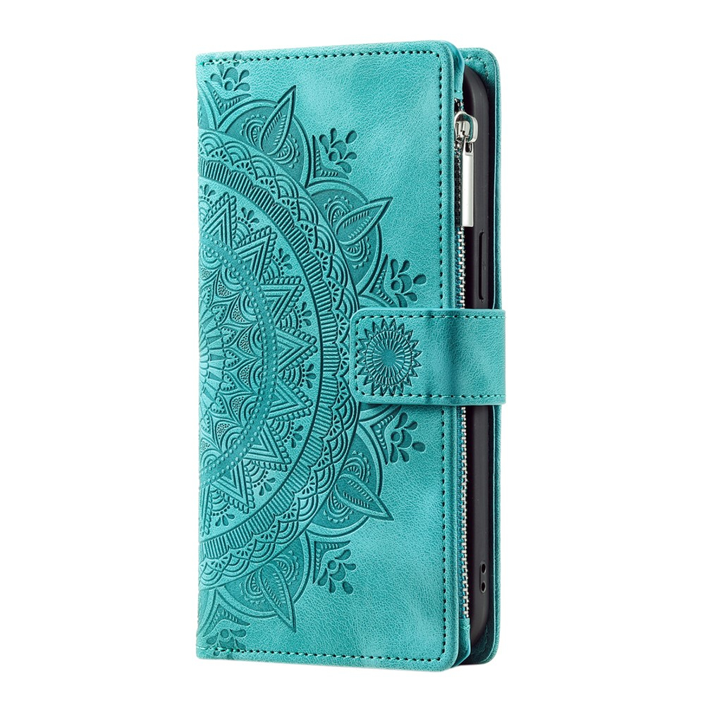 Samsung Galaxy A26 / A17 Leder Tasche Flip Cover mit Reissverschluss - Mandala Flowers Imprint - Türkis