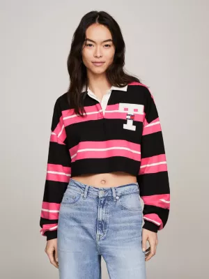 Polo de rugby listrada cropped estilo colegial em tecido atoalhado