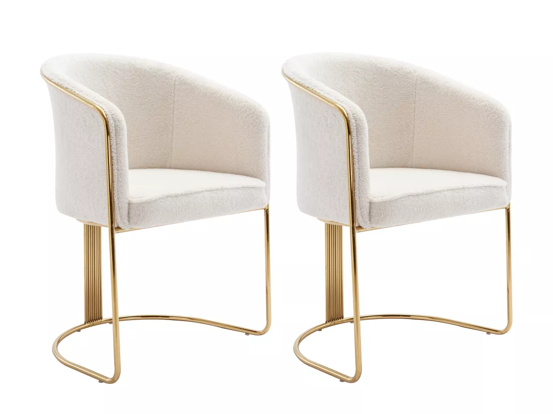 Lot de 2 chaises avec accoudoirs en tissu bouclette et métal - Blanc et doré - JOSETHE de Pascal MORABITO