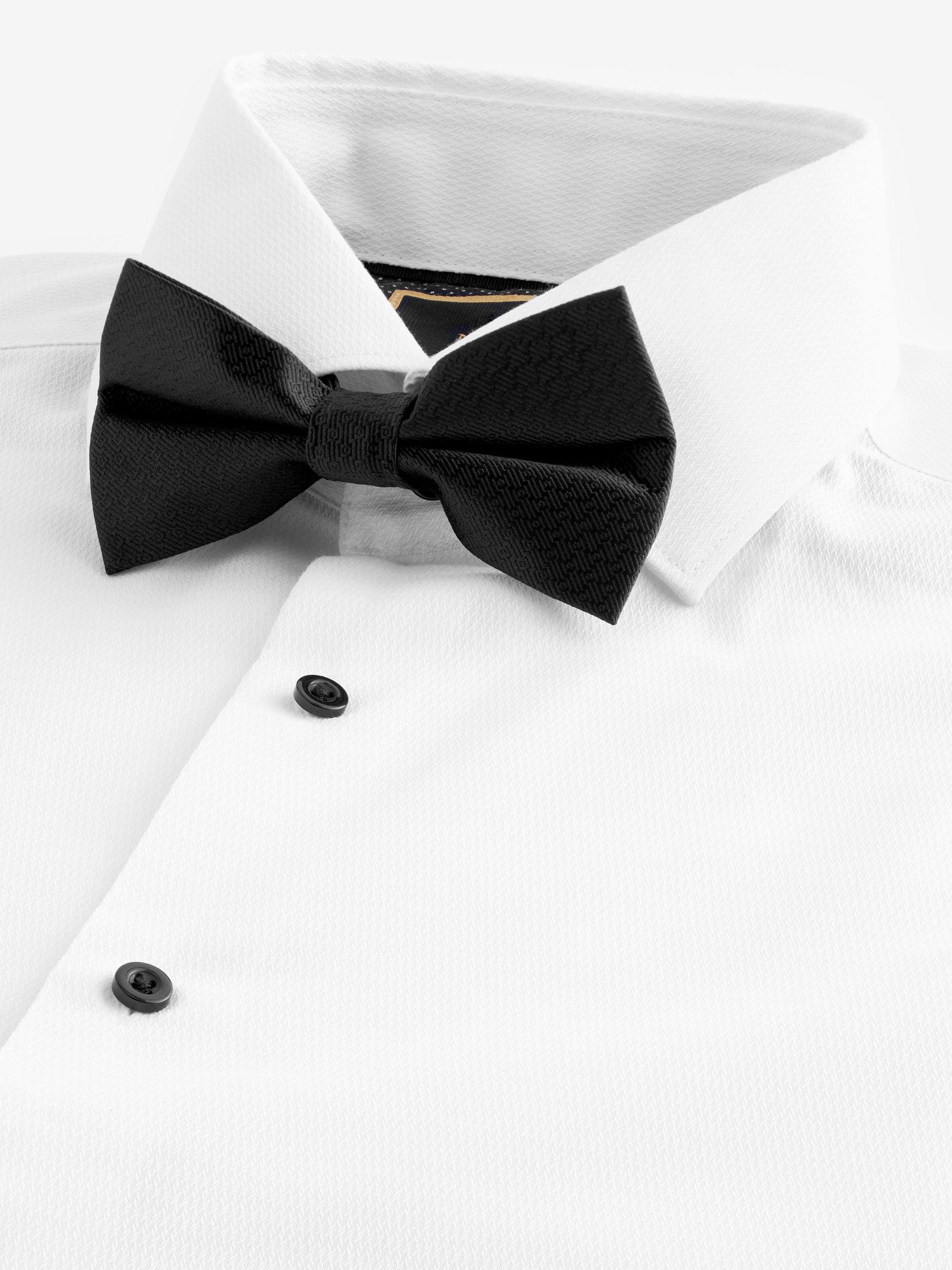 Witte structuur/zwarte vlinderdas - Slim Fit - Set van overhemd met enkele manchet en een vlinderstrik