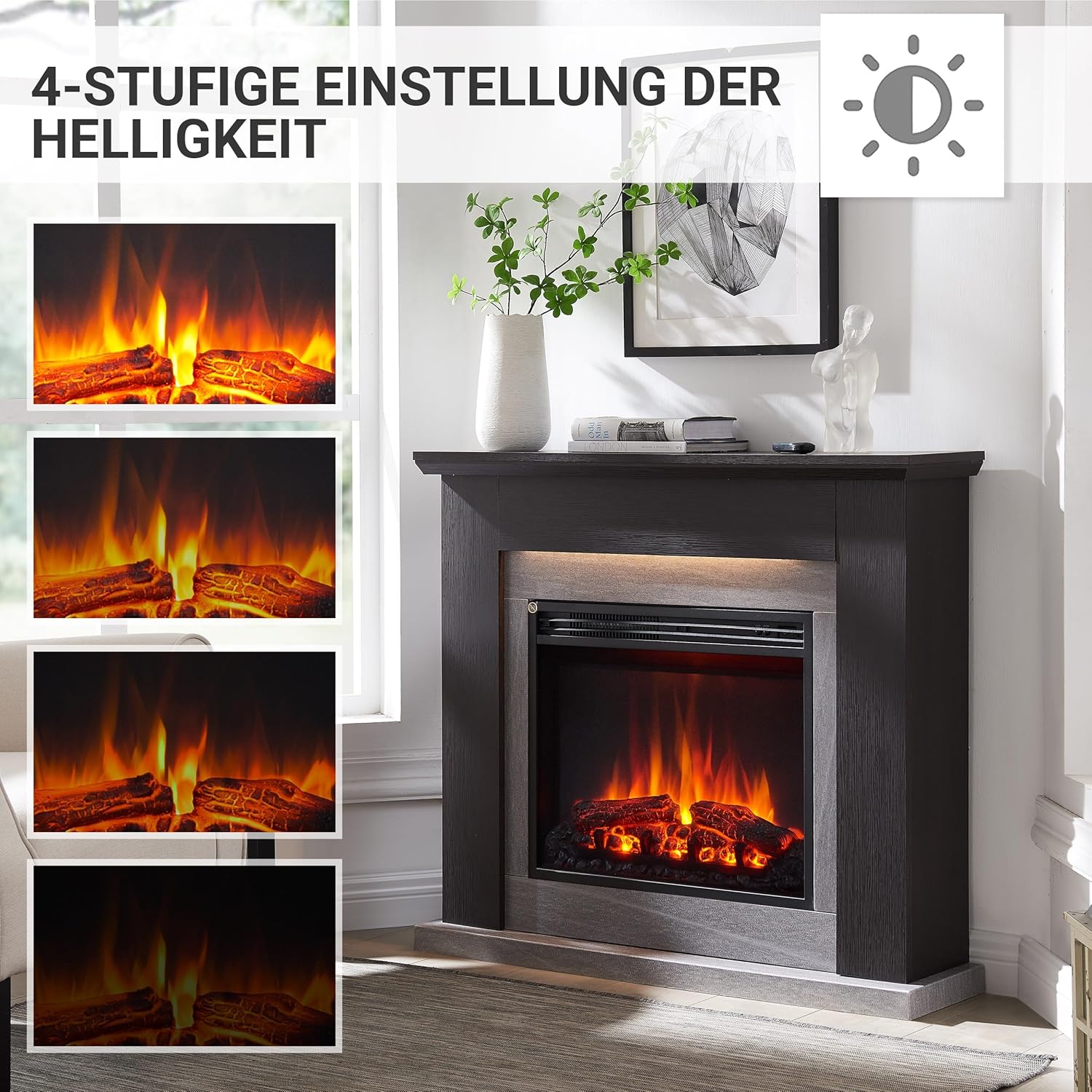 BALDERIA Hektor Elektrokamin - Elektrischer Standkamin mit Heizung 1000/2000 W, realistischer 3D-Flammeneffekt, LED-Beleuchtung, Fernbedienung programmierbar, Timer, Thermostat - Dunkelbraun