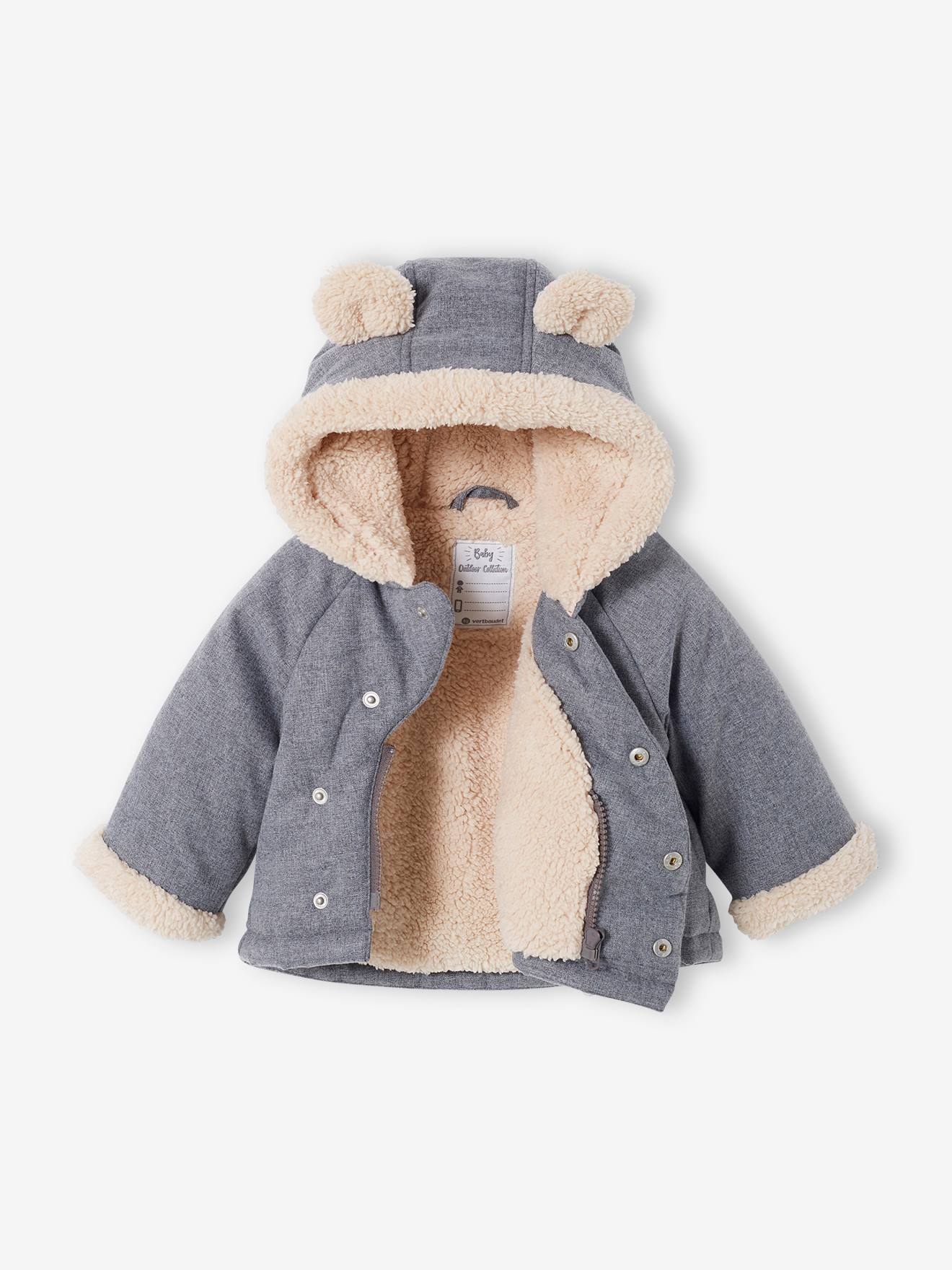 Jaqueta acolchoada assimétrica com capuz para bebê, lisa, cinza médio