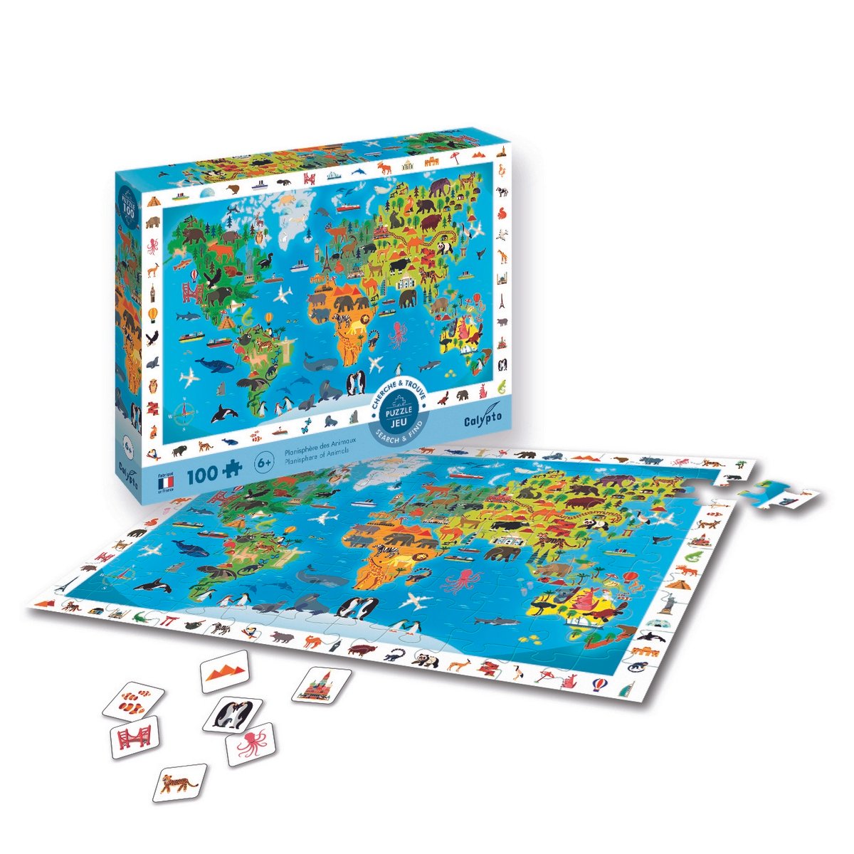 Puzzle 100 pièces cherche et trouve Planisphère Animaux