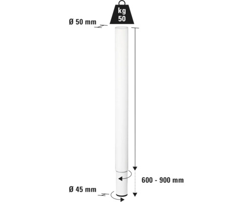 Tarrox verstelbare tafelpoot 60-90 cm Ø50 mm, wit