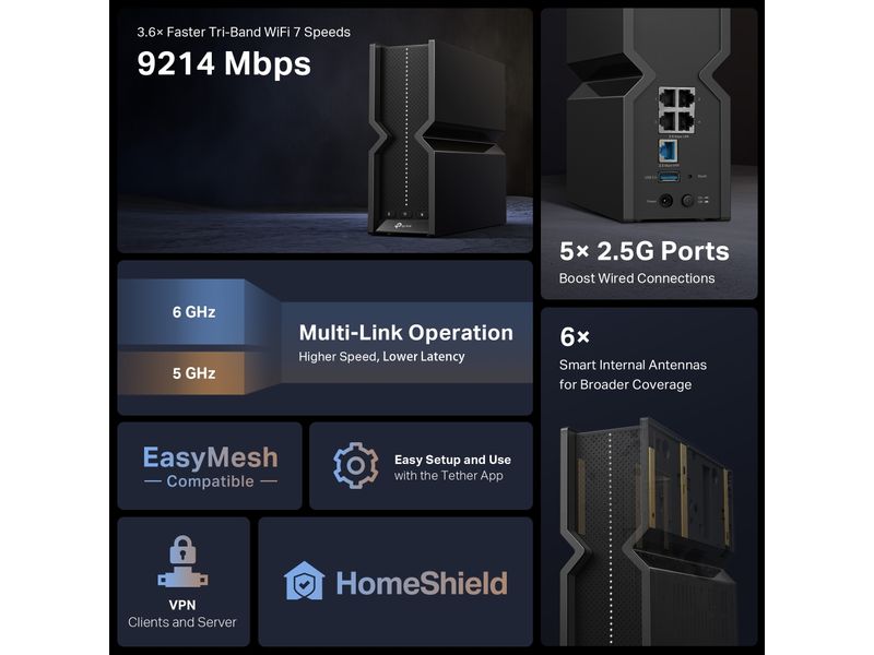 TP-Link Tri-Band WiFi Router Archer BE550 BE9300 Tri-Band Wi-Fi 7 Router