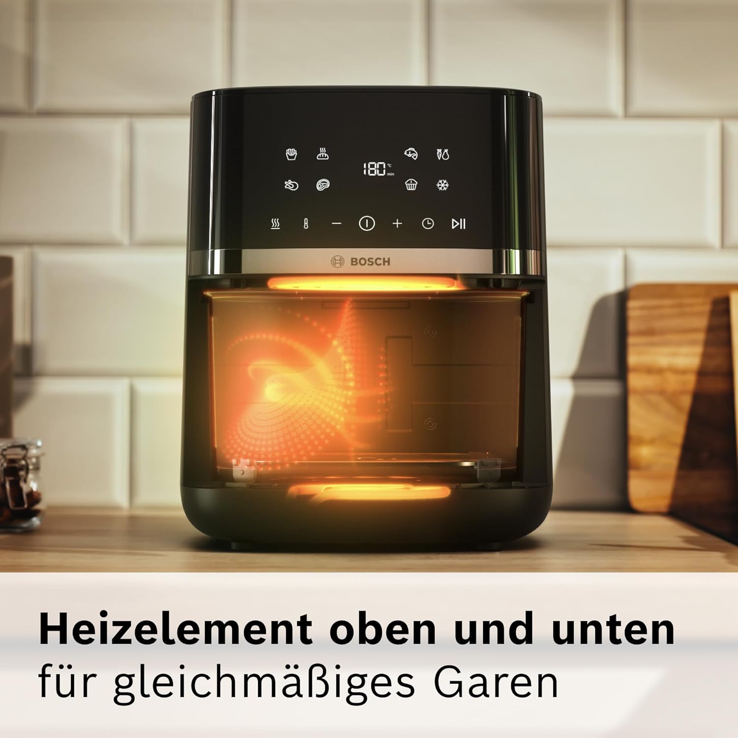 Bosch Heißluftfritteuse Serie 4, XL Air Fryer, schwarz, 6,1 L Fassungsvermögen, 7 Voreinstellungen, Auftau- und Warmhaltefunktion, Touchscreen, bis zu 60% schnelleres Kochen, MAF462B0