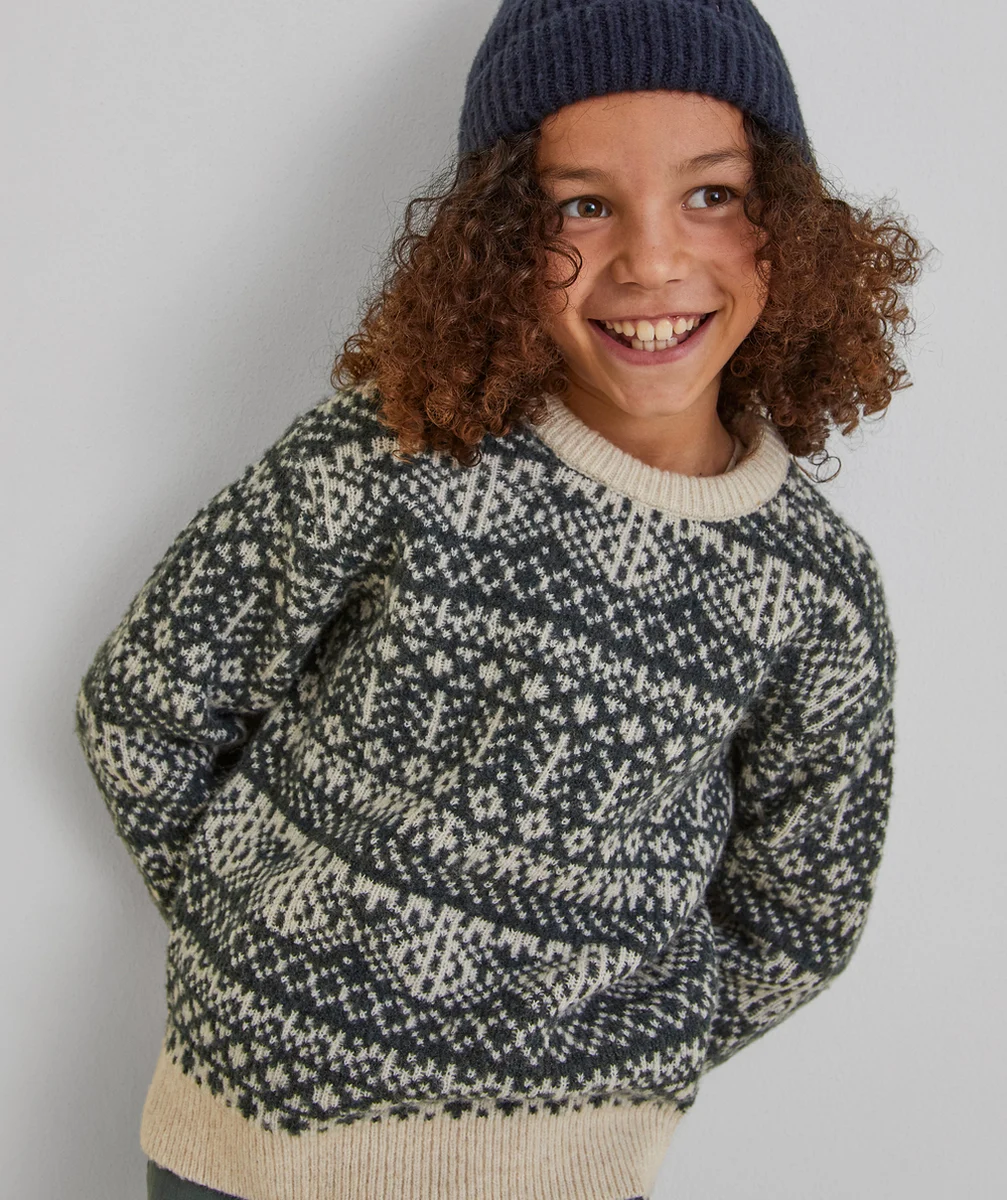 PULL JACQUARD GARÇON EN FIBRES RECYCLÉES ÉCRU ET VERT