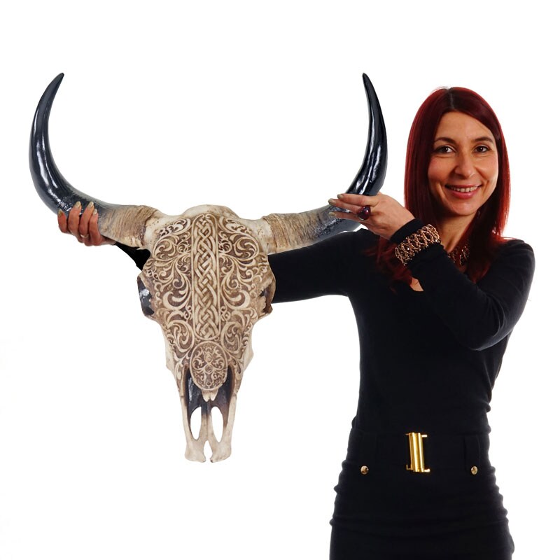Deko Schädel 65cm MCW-T454, Polyresin Stier Bulle Longhorn Kopf Trophäe mit Tribal, In-/Outdoor