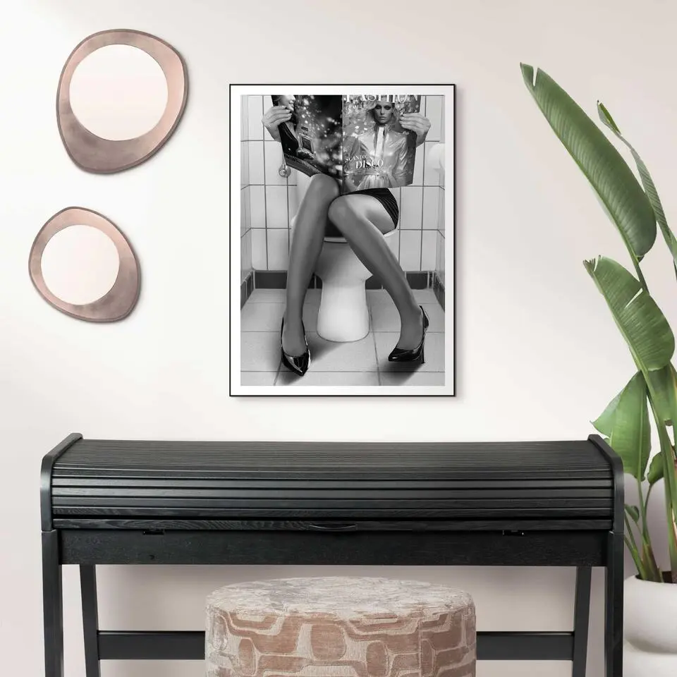 Schilderij Toilet Fashion - 70x50cm - Zwart-Wit