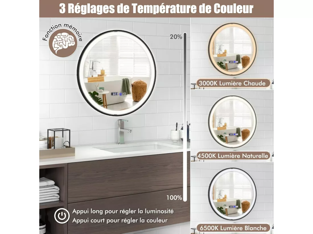 Miroir Salle de Bain LED à 3 Couleurs & Luminosité Réglable, Miroir Mural Anti-Buée, Miroir Lumineux avec Interrupteur Tactile et Fonction Mémoire, Affichage Temps/Température, 60 x 60 CM