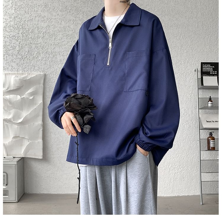 POSI - Sweatshirt met lange mouwen, effen polohals en halve rits