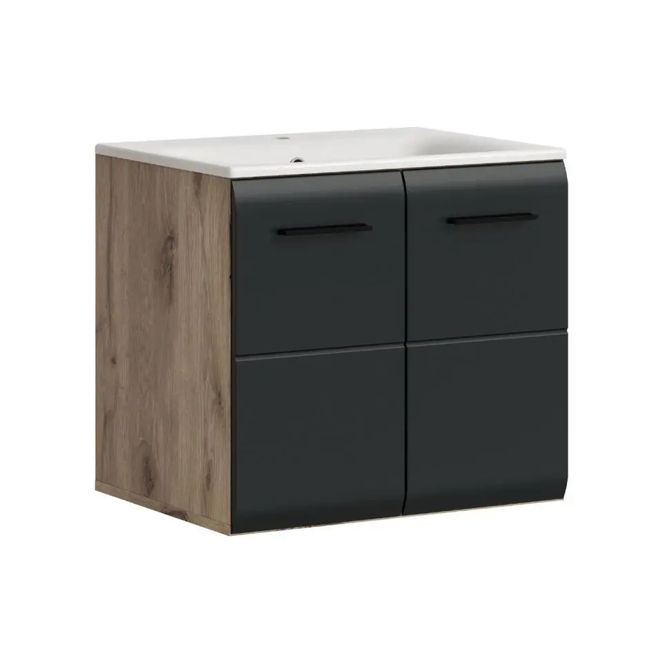 Hioshop Ice wastafel inclusief was 2 deuren zwart mat- eiken decor