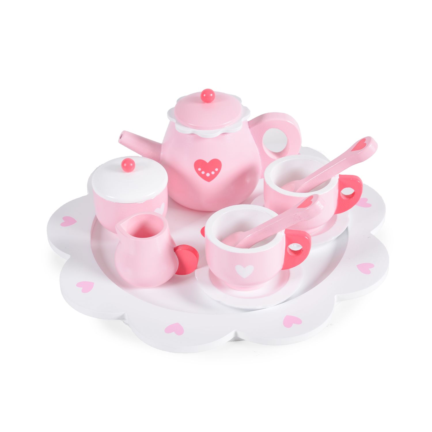 Moni Kinder Teeservice Herz 005 Holz 10-teilig, Kanne, Tassen, Löffel, Teller rosa