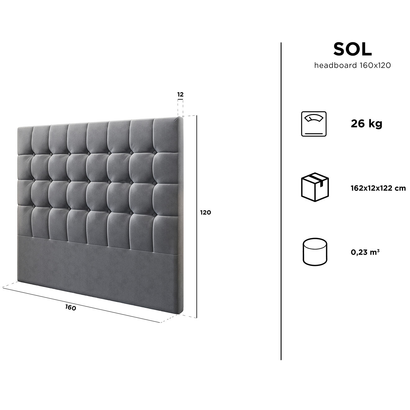Kooko Home Tête de lit en Velours Sol grise - 160x120 cm