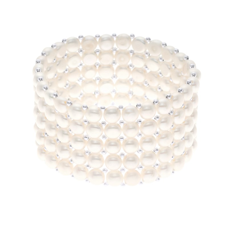 Bracelet Manchette 5 Rangs Perles d'Eau Douce Blanches Argent 925