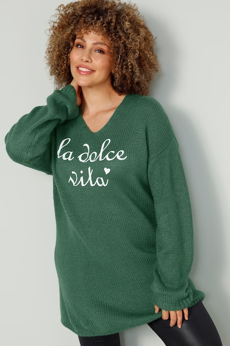 Long-Pullover, Schriftzug, V-Ausschnitt, Langarm