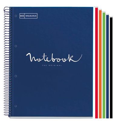 Notebook Emotions, couverture rigide, A4 lignes horizontales 7 mm, 120 feuilles de 5 couleurs, Miquelrius, Bleu Marine.