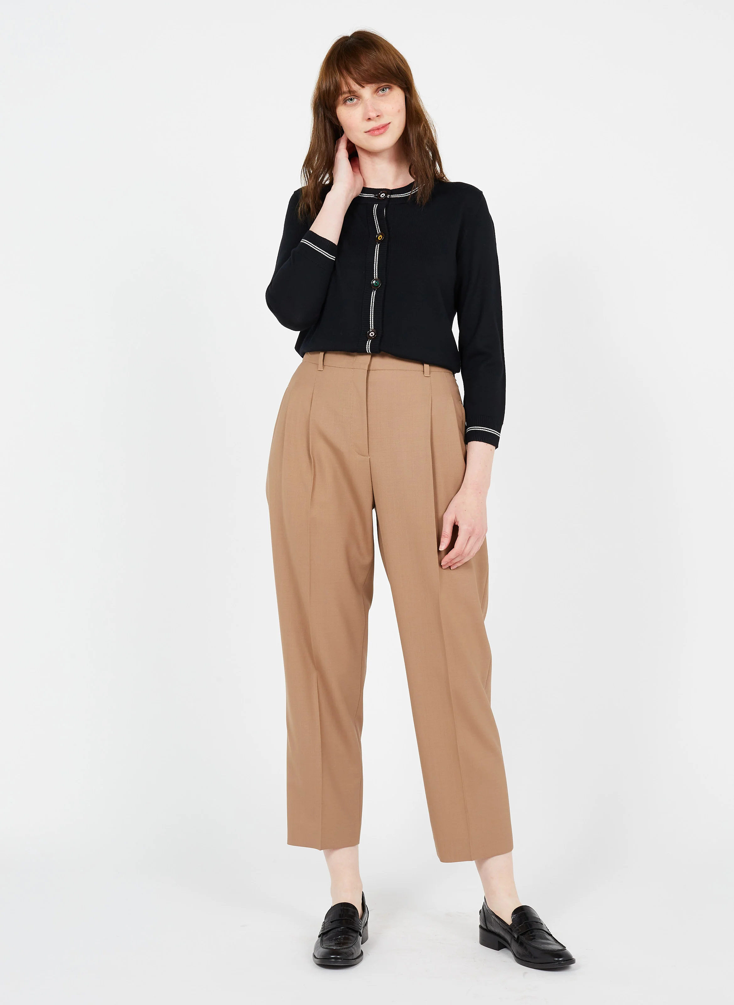 Pantalon à double plis en laine| Marron