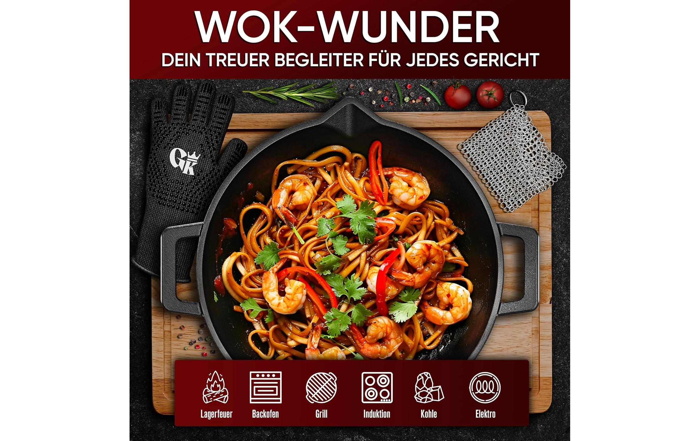 Wok 35 cm mit Reiniger, HandschuheGusseisen-Wok mit Edelstahl-Ringreiniger und hitzebeständigen Handschuhen