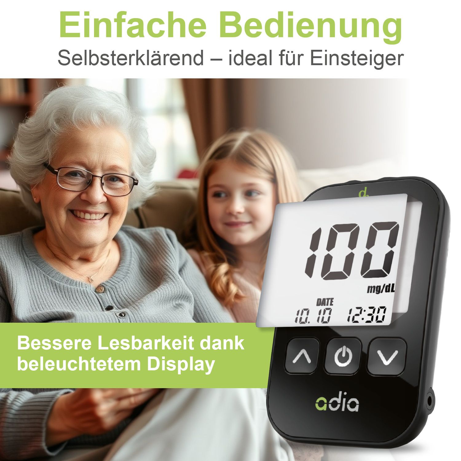 adia Blutzuckermessgerät-Set (mg/dl) zur Blutzucker-Kontrolle bei Diabetes