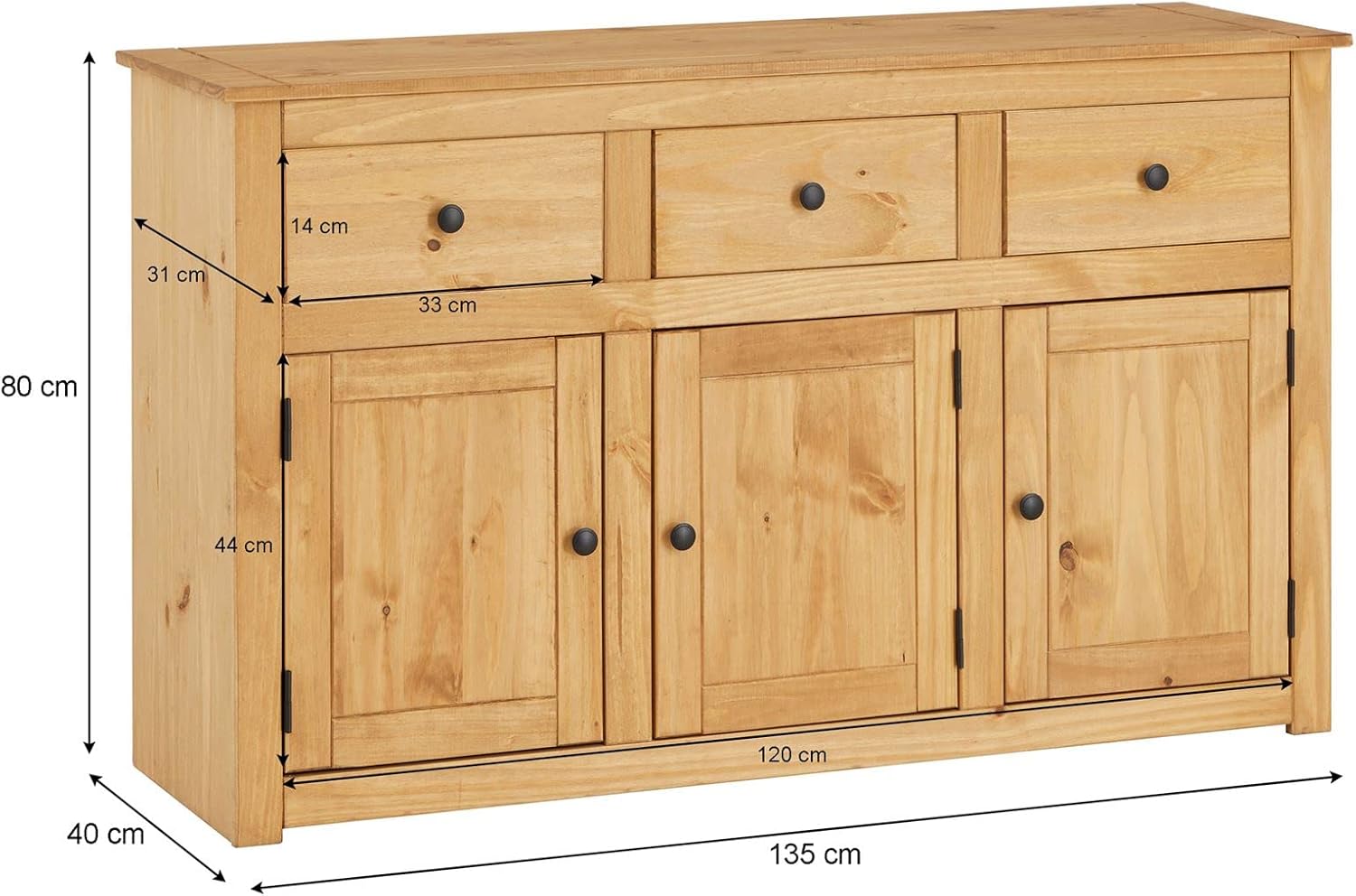 CARO-Möbel Kommode Cancun im Landhaus Stil, Sideboard mit 3 Türen und Schubladen, Moderne Anrichte aus Kiefer massiv mit gebeizter gewachster Oberfläche