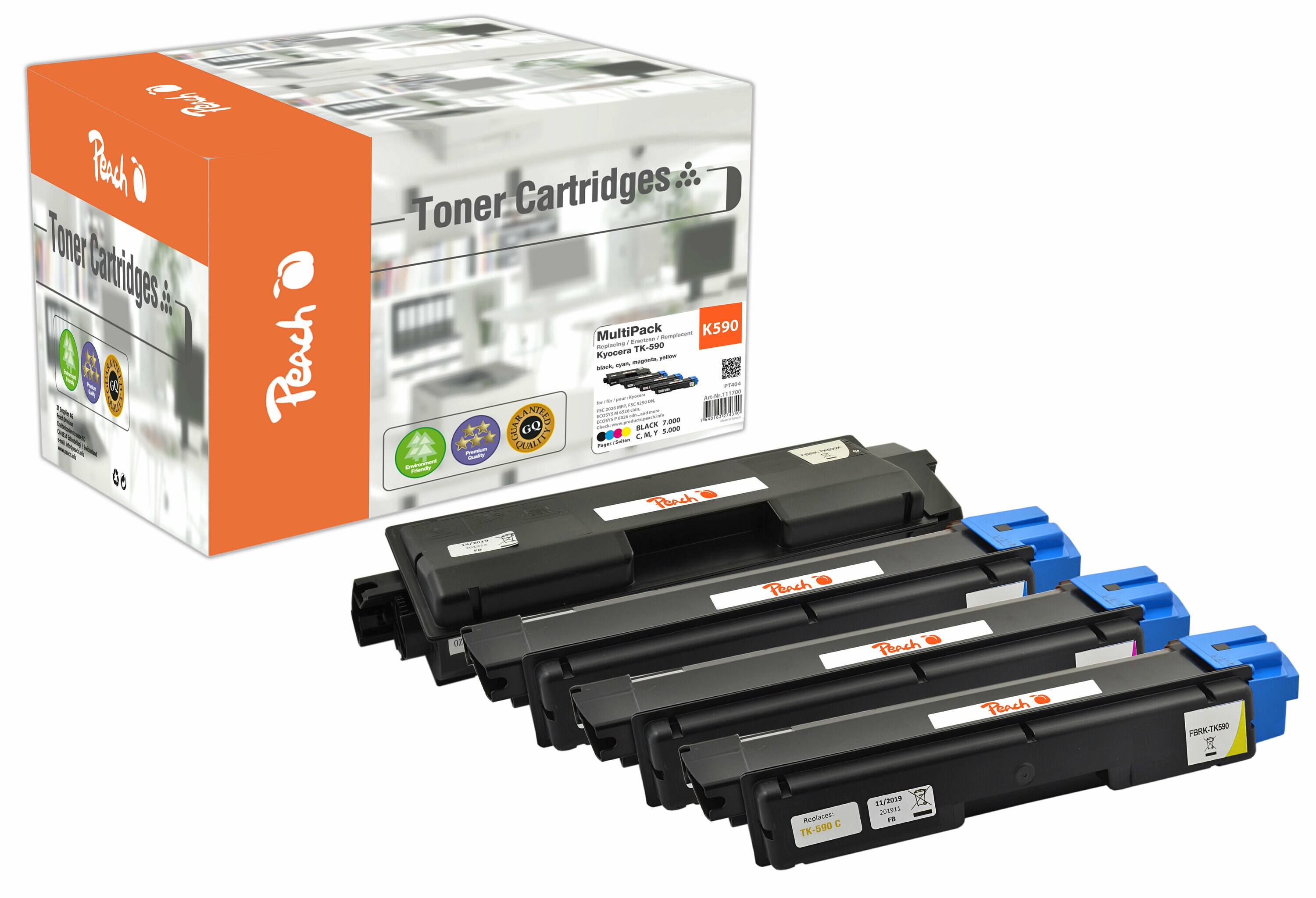 Peach K5904 Toner (bk, c/m/y) ersetzt Kyocera TK-590 für z.B. Kyocera ECOSYS M 6026 cdn, Kyocera ECOSYS M 6026 cidn, Kyocera ECOSYS M 6526 cdn (wiederaufbereitet)