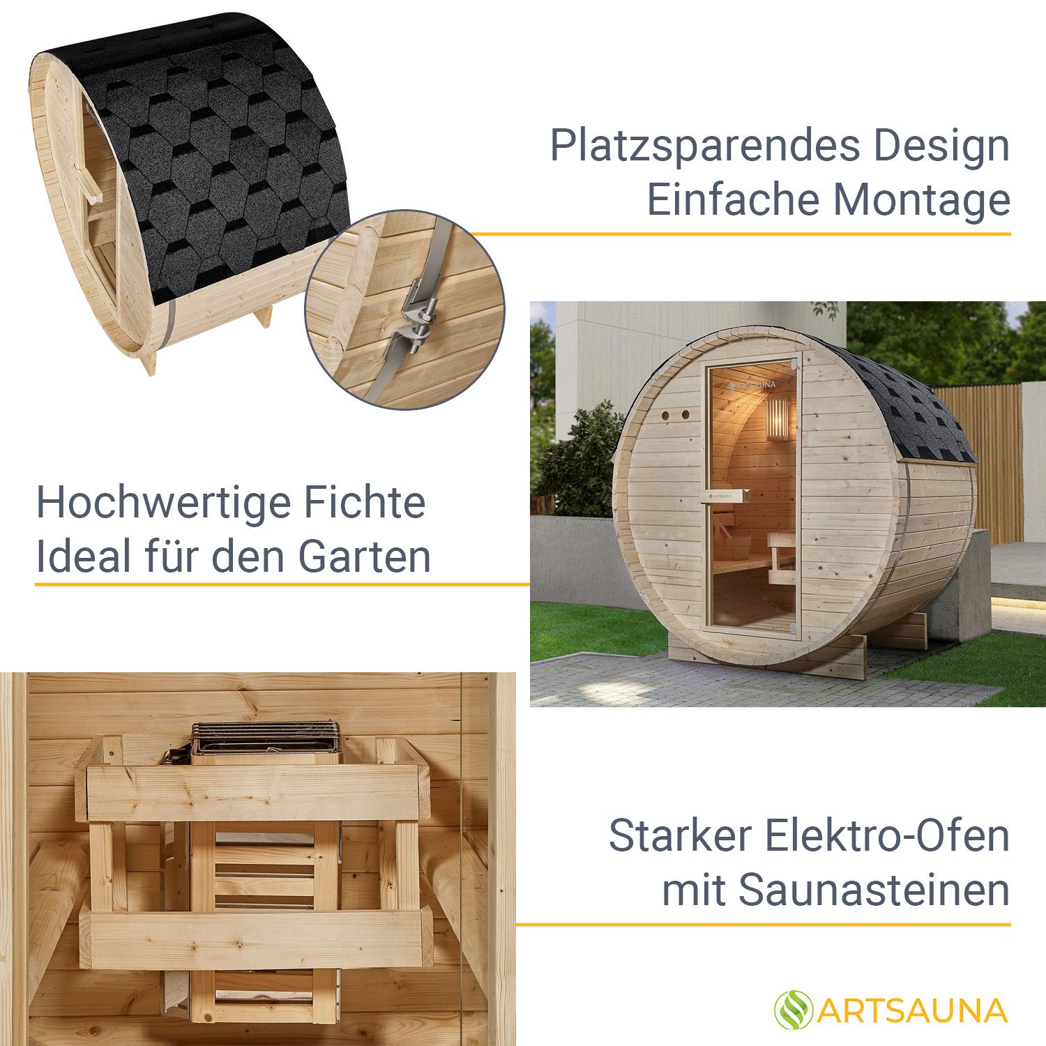 Artsauna Fasssauna Spitzbergen 120 - 2 Personen, 3,6 kW Ofen, Zubehör - Fichtenholz Sauna