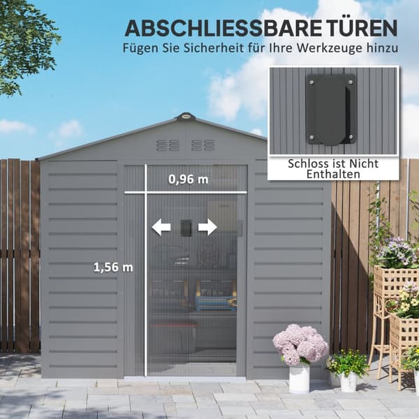 Verktøybod i galvanisert stål 2,43? 213x131x192cm Redskapsbod med gavltak, låsbar skyvedør, værbestandig hagebod, Utendørs hageskur for bakgård uteomr