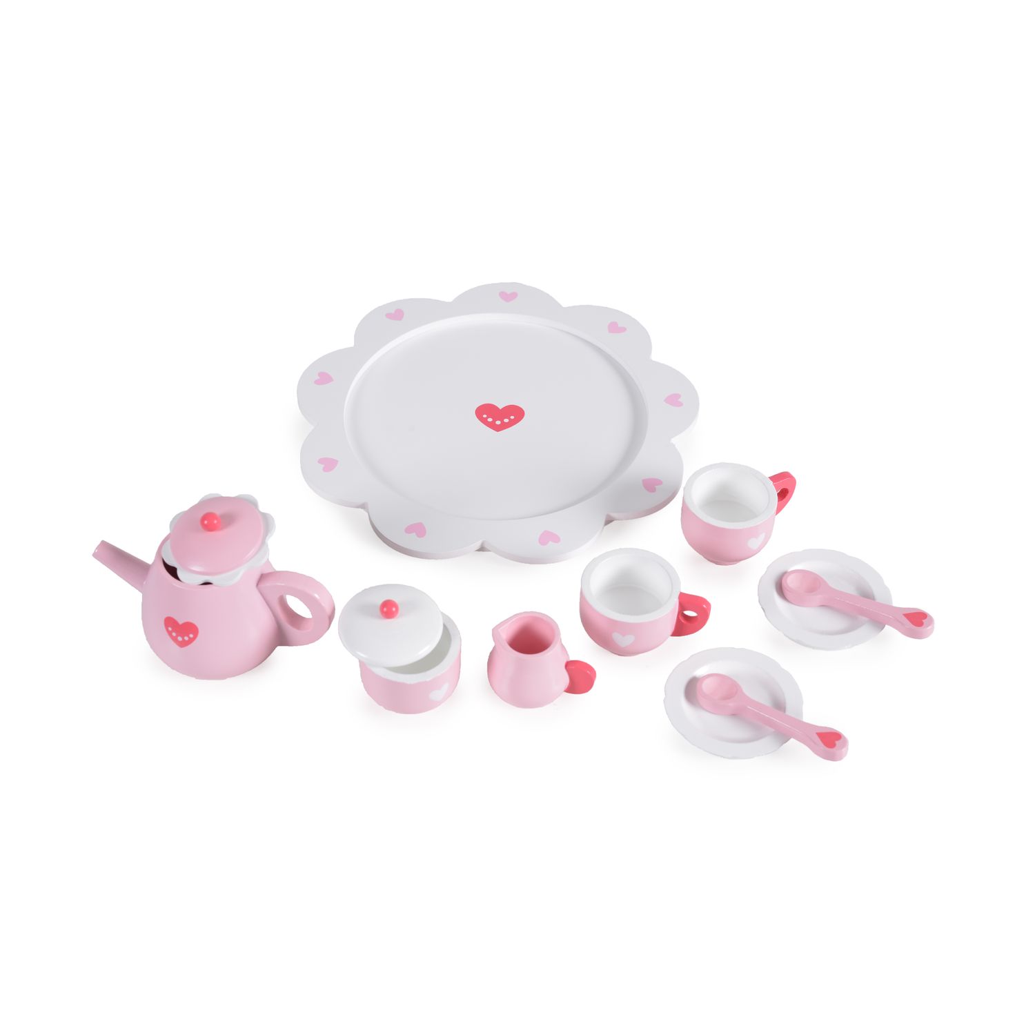 Moni Kinder Teeservice Herz 005 Holz 10-teilig, Kanne, Tassen, Löffel, Teller rosa